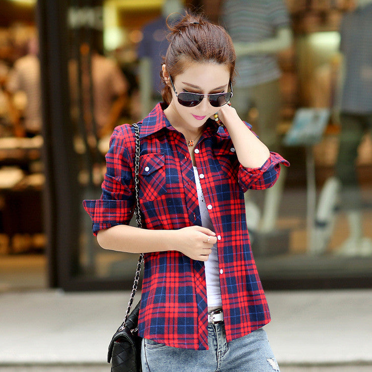 Online discount shop Australia - Brand New Fashion Women Blouses Long Sleeve Turn-down Collar Plaid Shirts Women Cotton Plus Size Casual Shirt Style