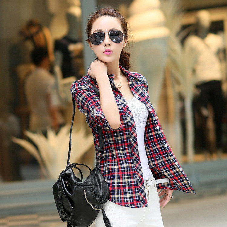 Online discount shop Australia - Brand New Fashion Women Blouses Long Sleeve Turn-down Collar Plaid Shirts Women Cotton Plus Size Casual Shirt Style