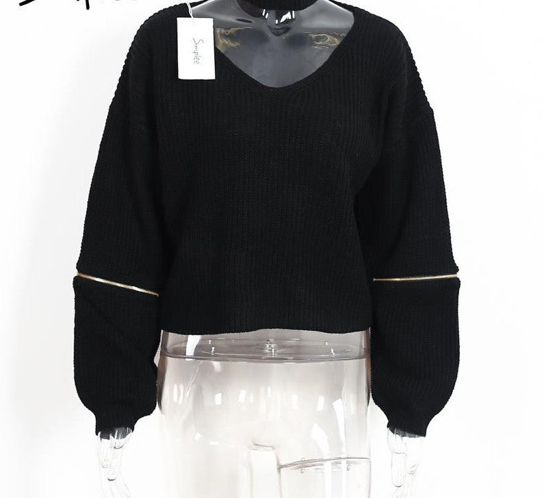 halter knitted warm sweater Casual loose open zipper sleeve pull tricot short black pullover jumper