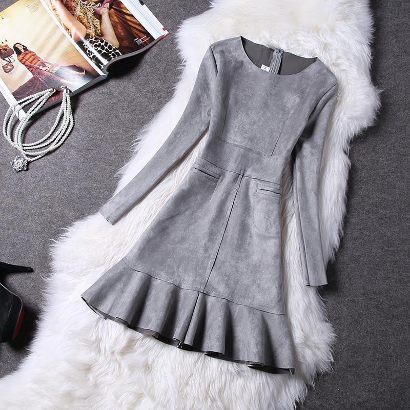 Women Dress Autumn Long Sleeve Suede Dress Ladies Slim Bottoming Flounced Fishtail Mini Dresses Vestidos Plus Size 2XL