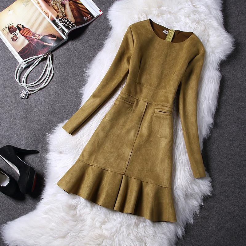 Women Dress Autumn Long Sleeve Suede Dress Ladies Slim Bottoming Flounced Fishtail Mini Dresses Vestidos Plus Size 2XL