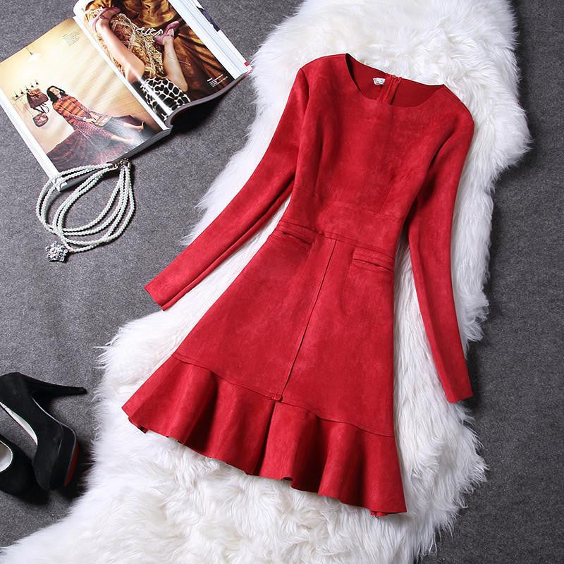 Women Dress Autumn Long Sleeve Suede Dress Ladies Slim Bottoming Flounced Fishtail Mini Dresses Vestidos Plus Size 2XL