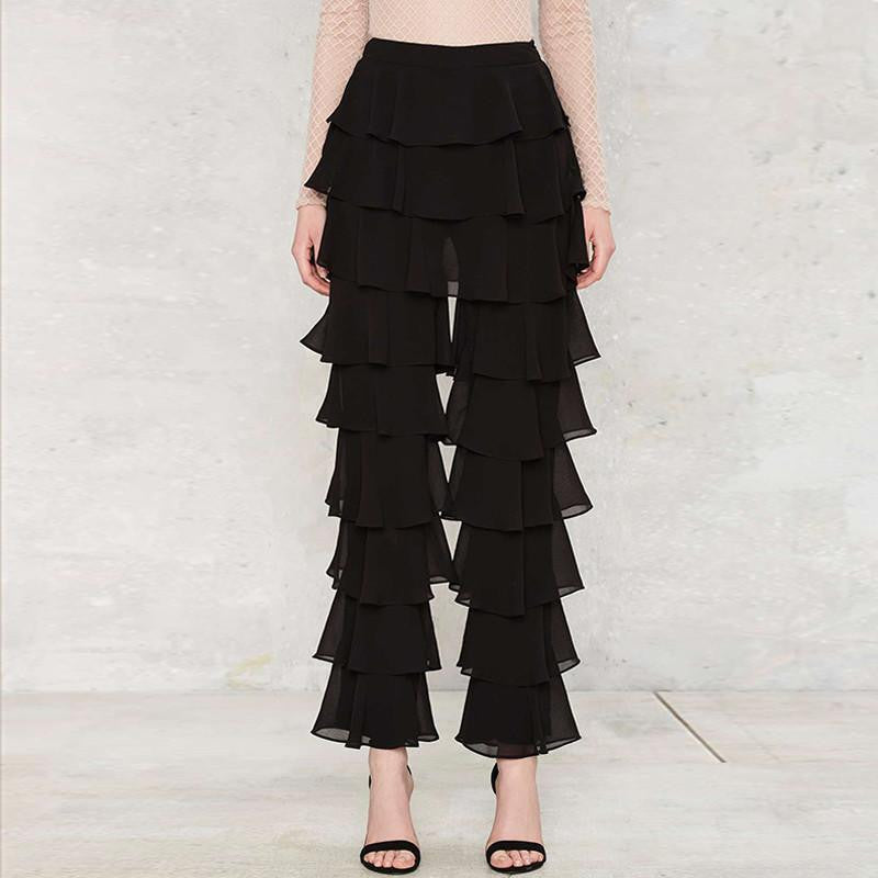 Women Fashion Casual Loose Solid Black Ruffle Straigh Vintage Elegant Mid-rise Long Flare Pants