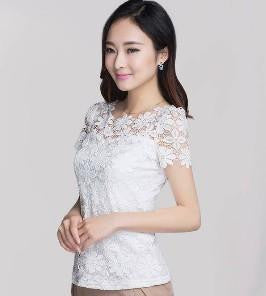 Women Lace Crochet Shirt Tops Short Sleeve O-Neck Lace Blouse Shirts Floral Casual Top