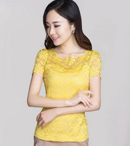 Women Lace Crochet Shirt Tops Short Sleeve O-Neck Lace Blouse Shirts Floral Casual Top