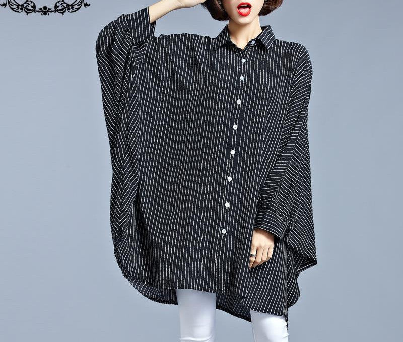 Plus Size Chiffon Blouse Women Dresses Big Size Spring Striped Print Casual Clothing Batwing Sleeve Elegant Loose Fashion Dress
