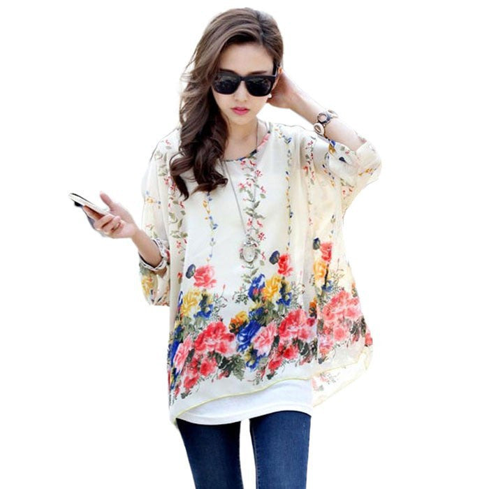 Online discount shop Australia - Fashion  Women Blouses Bohemia Print Batwing Chiffon Blouse