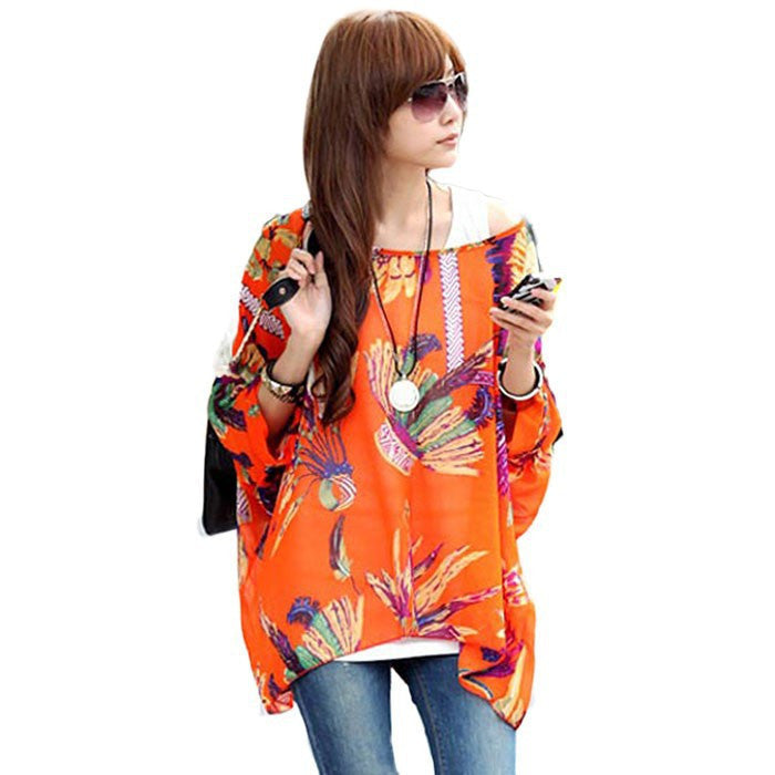 Online discount shop Australia - Fashion  Women Blouses Bohemia Print Batwing Chiffon Blouse