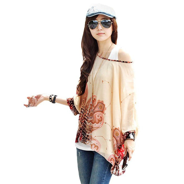 Online discount shop Australia - Fashion  Women Blouses Bohemia Print Batwing Chiffon Blouse