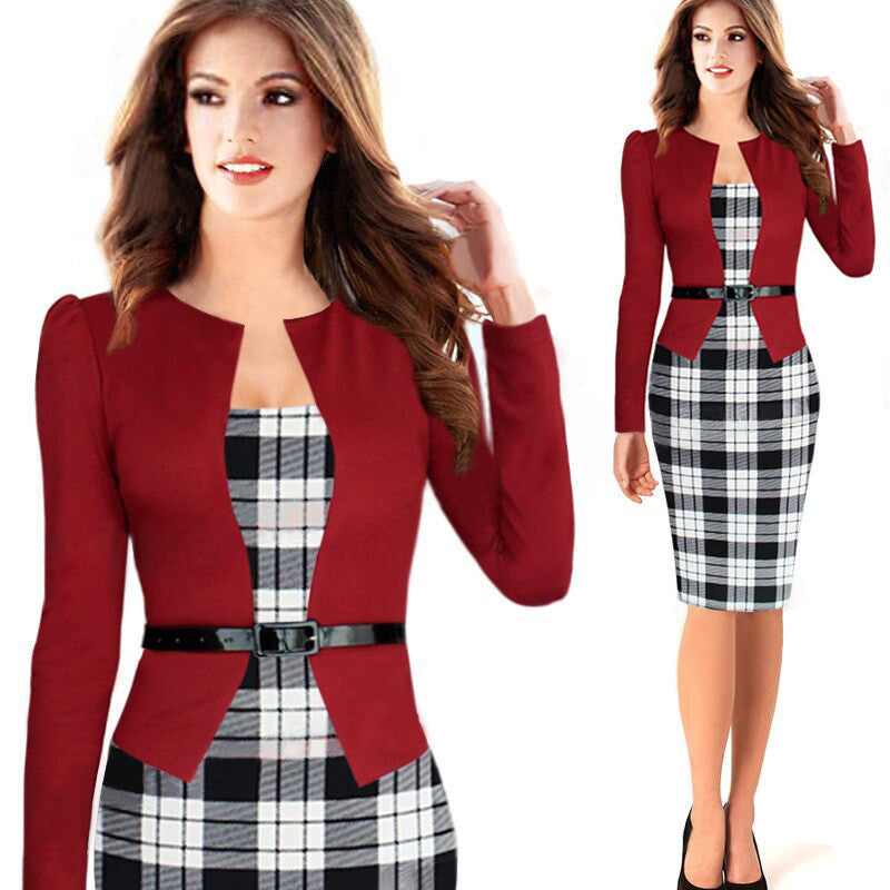 Oxiuly women plus size dresses 4XL Faux Twinset Belted Tartan Floral Lace Patchwork Business Pencil Sheath Bodycon Dress