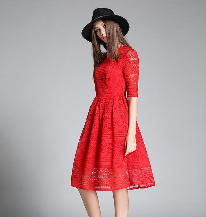 Europe Summer Women's Temperament Lace Hollow Out Long Dresses Femme Casual Slim Clothing Women Party Dresses