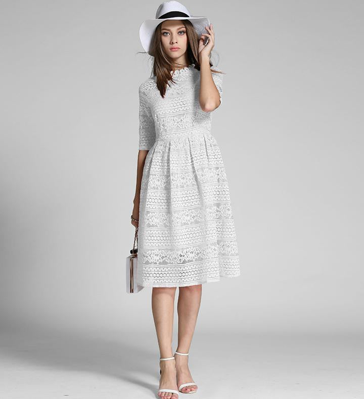 Europe Summer Women's Temperament Lace Hollow Out Long Dresses Femme Casual Slim Clothing Women Party Dresses