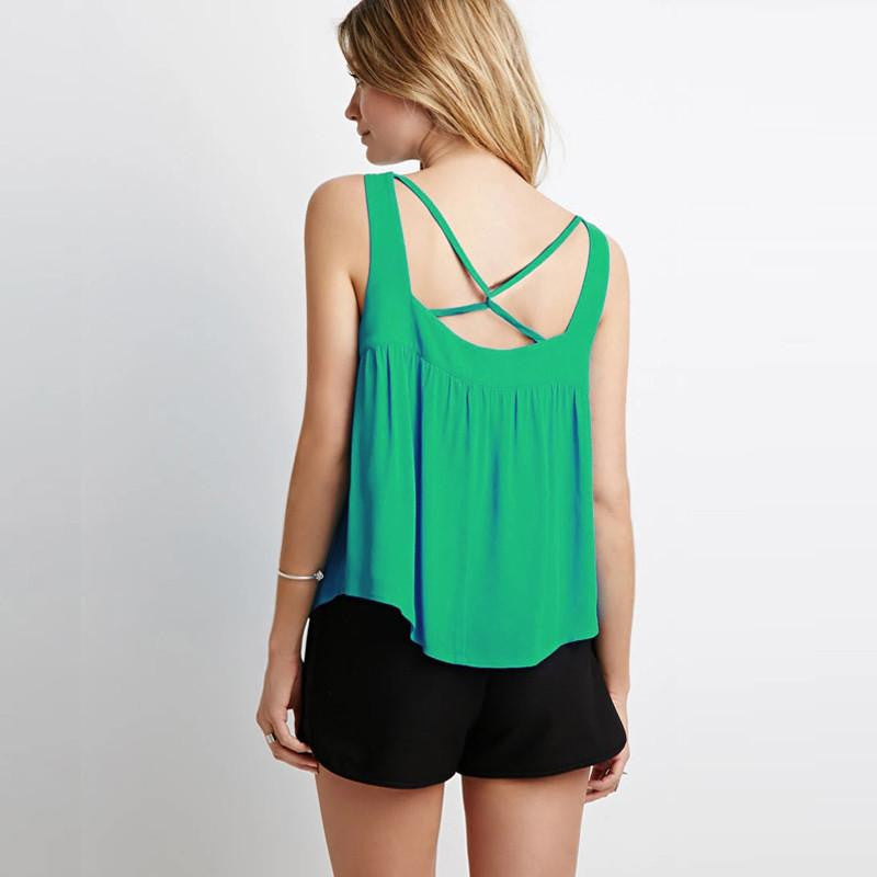 Sleeveless Bandage Back Solid Casual Chiffon T Shirt Women tshirt Tops