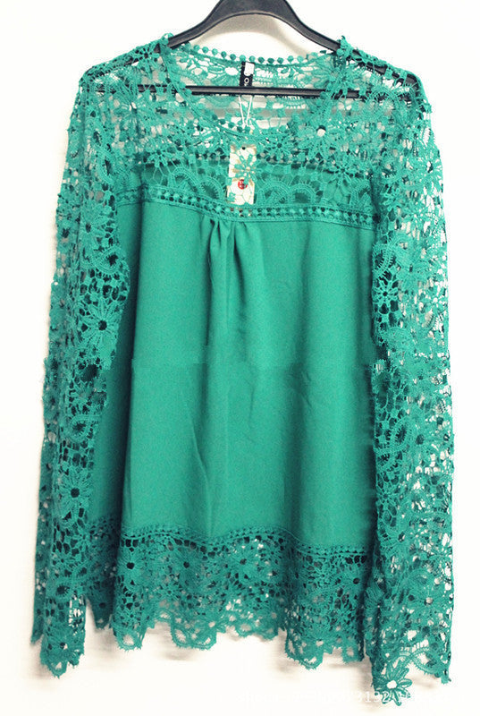 Online discount shop Australia - 5XL large size Fashion Women Lace long Sleeve Chiffon Blouses Shirt Crochet