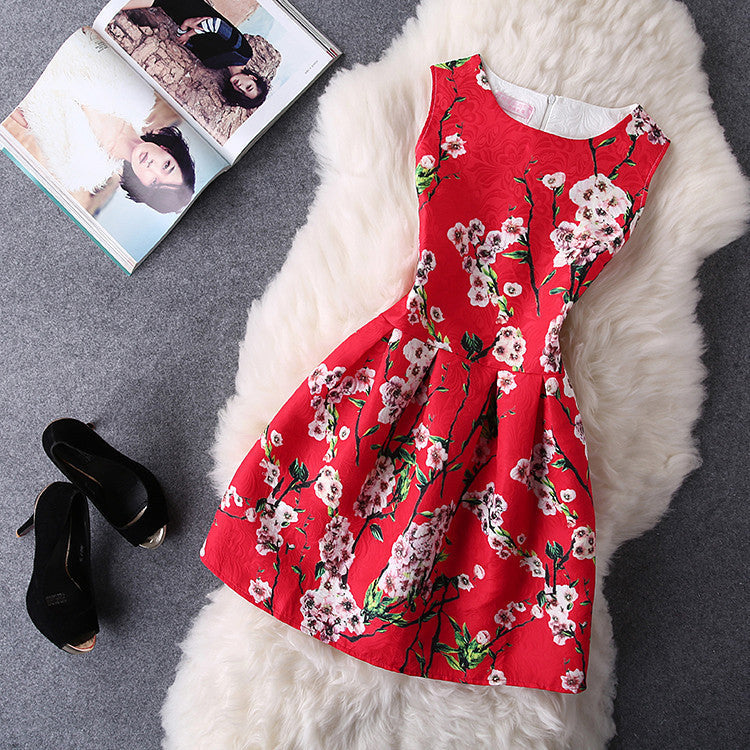 O-Neck Sleeveless Print Casual Dresses Women Vintage Princess Dress Ladies Party Clothing