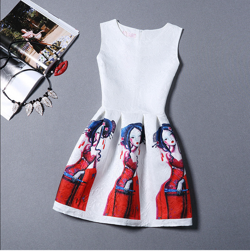 O-Neck Sleeveless Print Casual Dresses Women Vintage Princess Dress Ladies Party Clothing