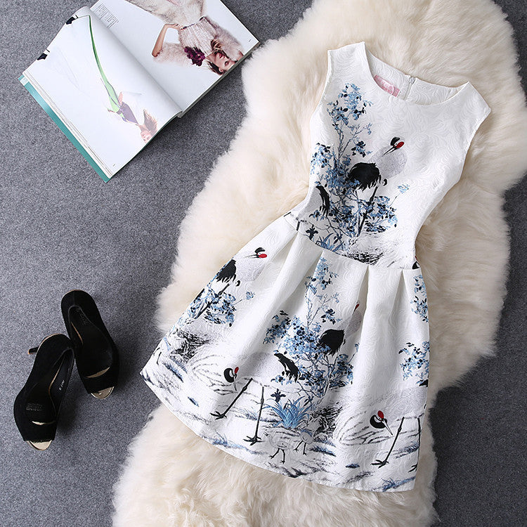 O-Neck Sleeveless Print Casual Dresses Women Vintage Princess Dress Ladies Party Clothing