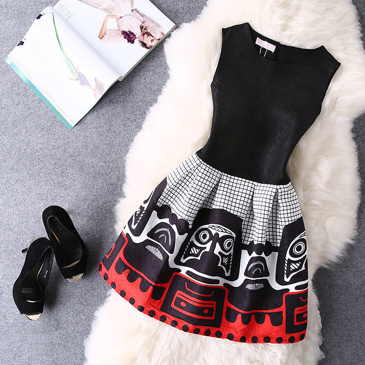 O-Neck Sleeveless Print Casual Dresses Women Vintage Princess Dress Ladies Party Clothing