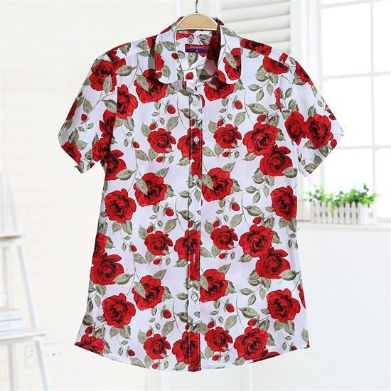 Short Sleeve Shirts Women Blouses Floral Print Cotton Tops Ladies Short Plus Size Women Clothes Fashion Shirt