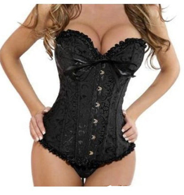 Corset Women Bone Black Lace Bustier Corset+G string Set Lingerie WL3015