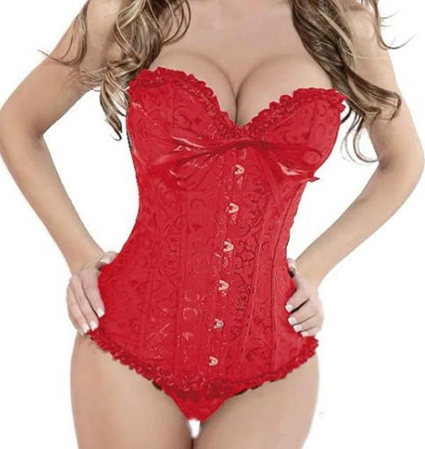 Corset Women Bone Black Lace Bustier Corset+G string Set Lingerie WL3015