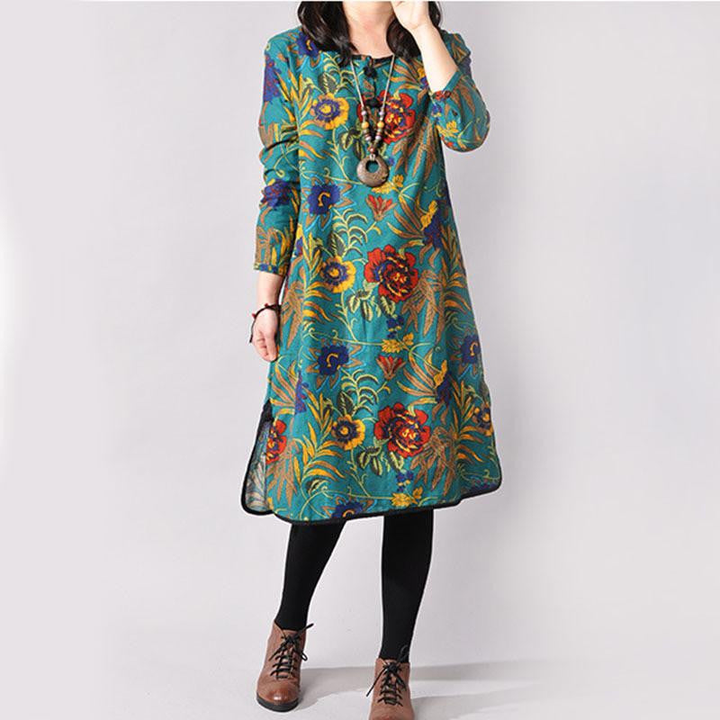 Vintage Plus Size Long Sleeve Printed Ethnic Loose Cotton 3 Colors Linen Women Dress M-XXL size