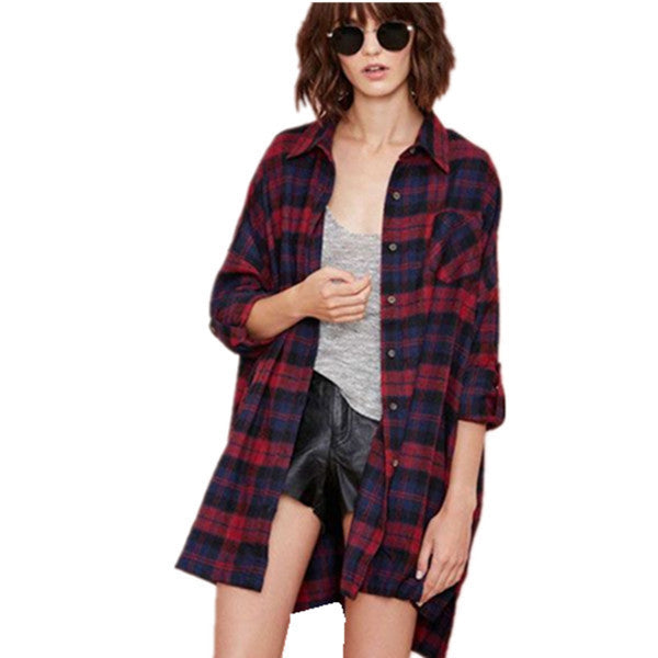 Shirts Fashion Women Casual Loose Blouse Classic Plaid Long Sleeve Tops Turn-down Collar