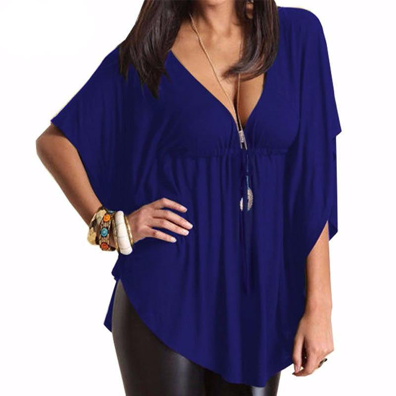 Women Trend Casual Loose V Neck Batwing Sleeve Tops Tee Ladies Black Blouses Shirts Plus Size