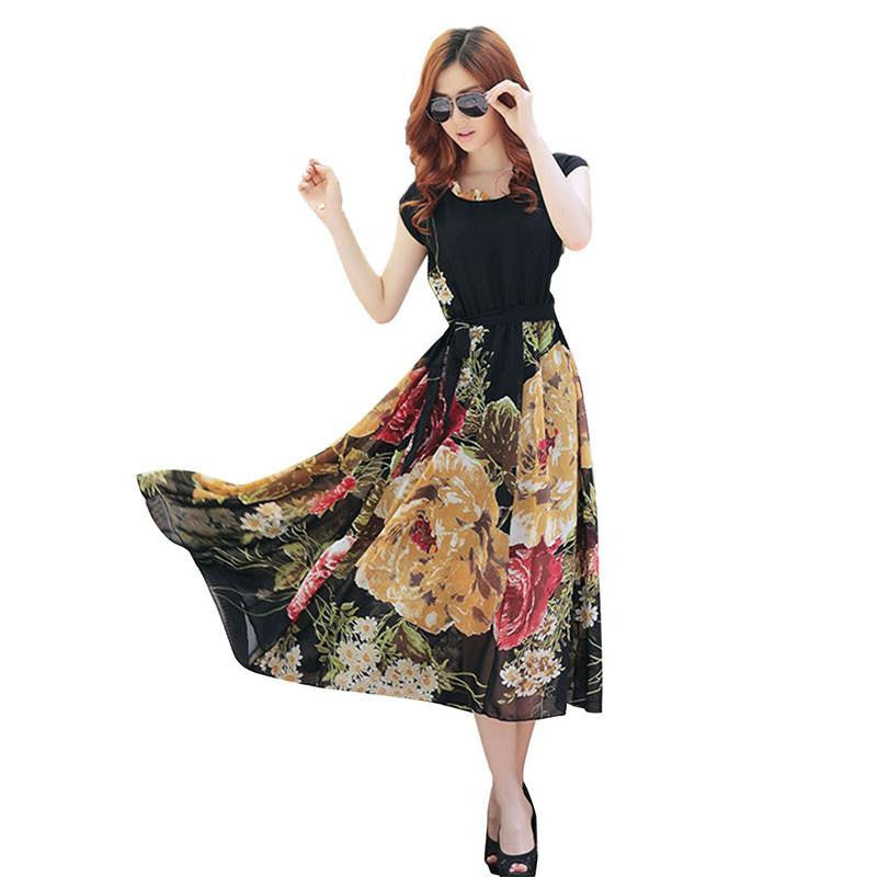 Summer floral print maxi dresses women casual loose chiffon o-neck long dress plus size vestido