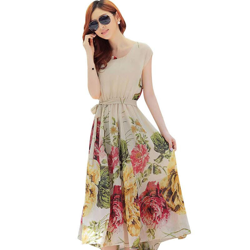 Summer floral print maxi dresses women casual loose chiffon o-neck long dress plus size vestido