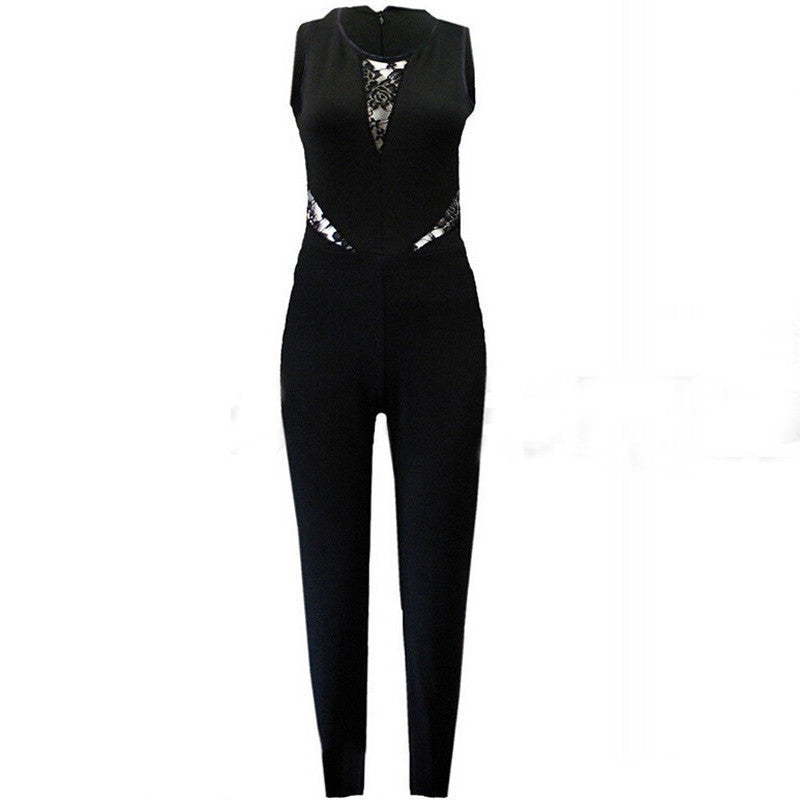 Fashion Bodycon Jumpsuits Womens Sleeveless Lace Patchwork Rompers Playsuits Black Pants Plus Size XS-4XL
