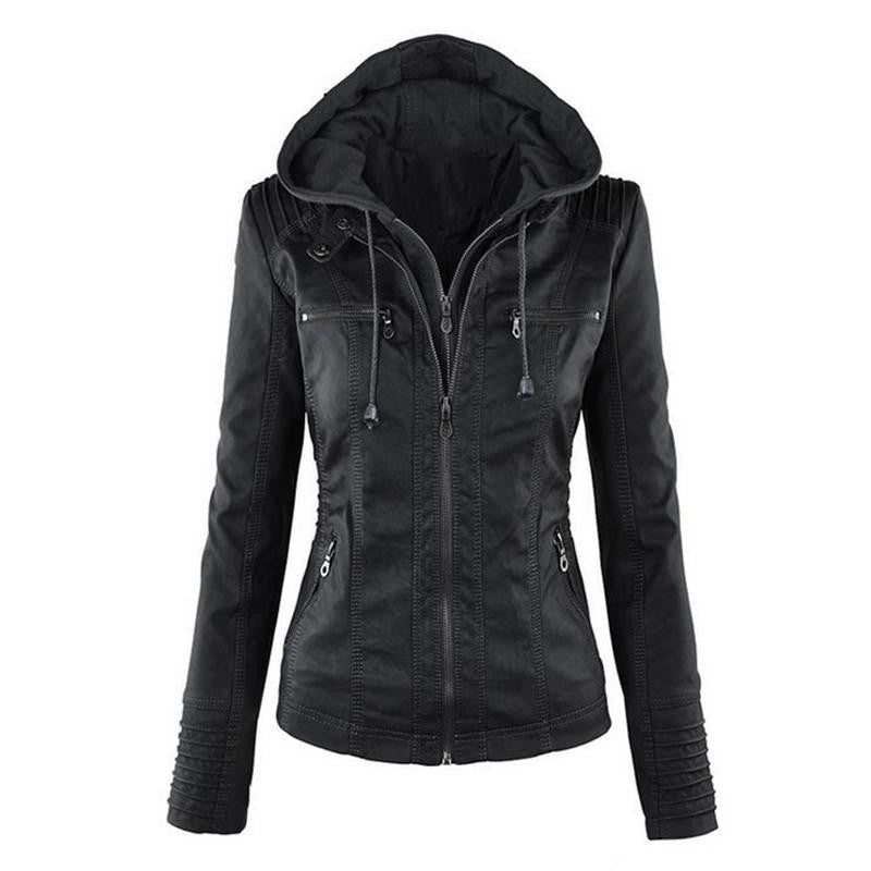 Womens Faux Twinset Detachable Hat Faux Leather Slim Jacket Hoodie Hooded Zip-up Pockets Outerwear Coats Q4326