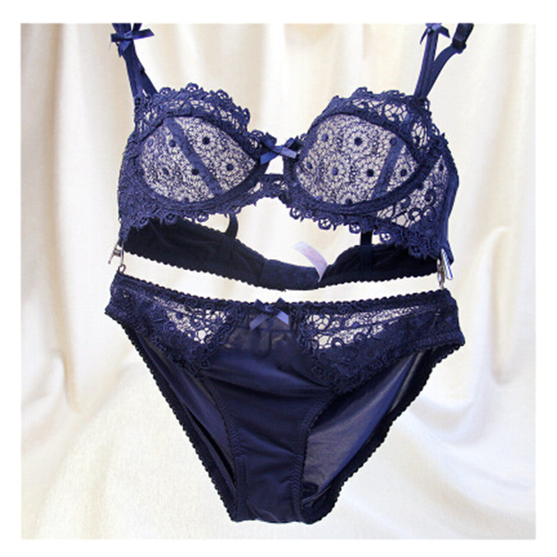 Online discount shop Australia - Fashion Sexy Lace  Ultra-low-cut Bra Breathable Gauze Deep V-shaped Women's Underwear Bra Set