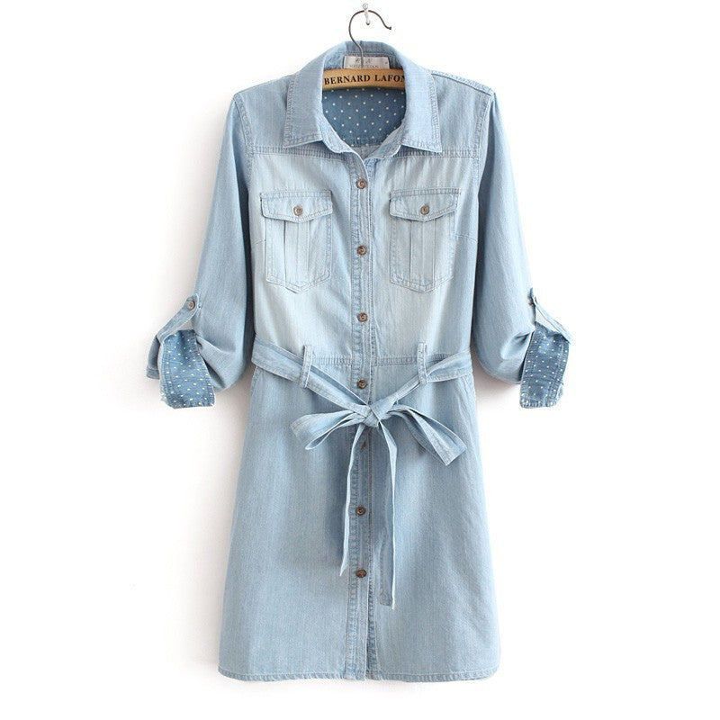 Online discount shop Australia - Dress Long Sleeve Single Breasted Women's Double Pocket Slim Waist Lacing Belted Denim Dress