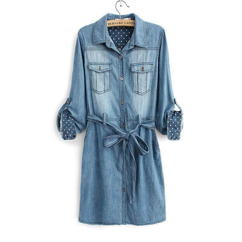 Online discount shop Australia - Dress Long Sleeve Single Breasted Women's Double Pocket Slim Waist Lacing Belted Denim Dress