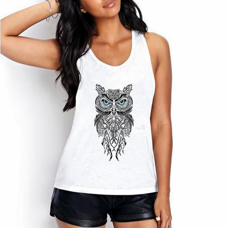 Women White Tank Tops The owl of contemplation Print 20 Colors Women Sleeveless Round Neck Tank Tops BX41-60
