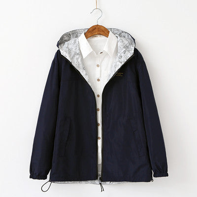 Online discount shop Australia - New  women coat Pocket Zipper hooded two side wear Cartoon print candy color jacket outwear loose plus size