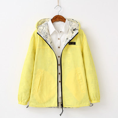 Online discount shop Australia - New  women coat Pocket Zipper hooded two side wear Cartoon print candy color jacket outwear loose plus size