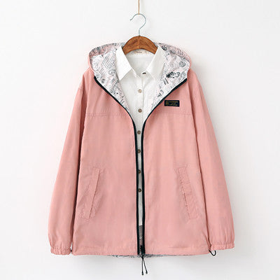 Online discount shop Australia - New  women coat Pocket Zipper hooded two side wear Cartoon print candy color jacket outwear loose plus size