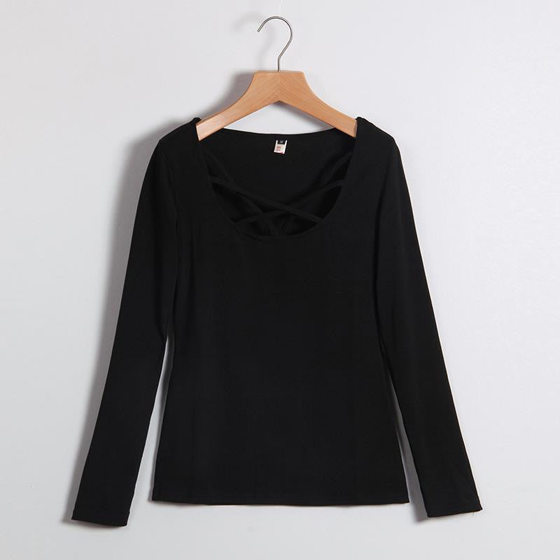 Women T shirt Long Sleeve Hollow Out Spaghetti Strap Slim Fit Solid Crop Top Tee Shirt Tunic