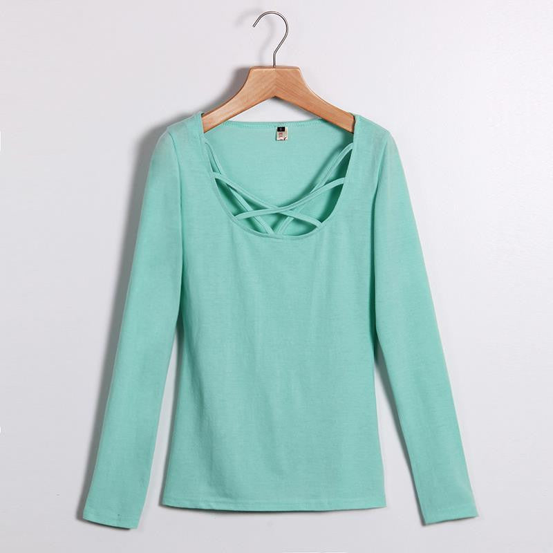 Women T shirt Long Sleeve Hollow Out Spaghetti Strap Slim Fit Solid Crop Top Tee Shirt Tunic