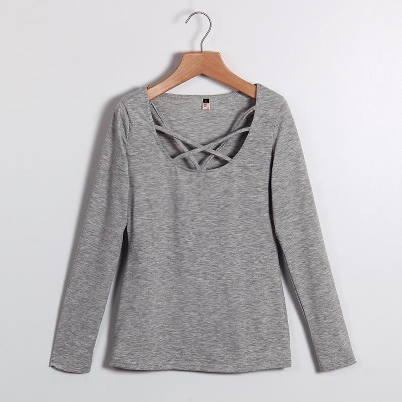 Women T shirt Long Sleeve Hollow Out Spaghetti Strap Slim Fit Solid Crop Top Tee Shirt Tunic