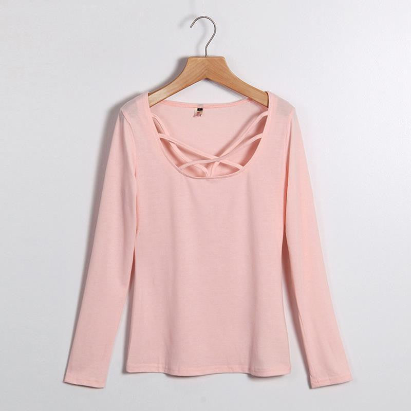 Women T shirt Long Sleeve Hollow Out Spaghetti Strap Slim Fit Solid Crop Top Tee Shirt Tunic
