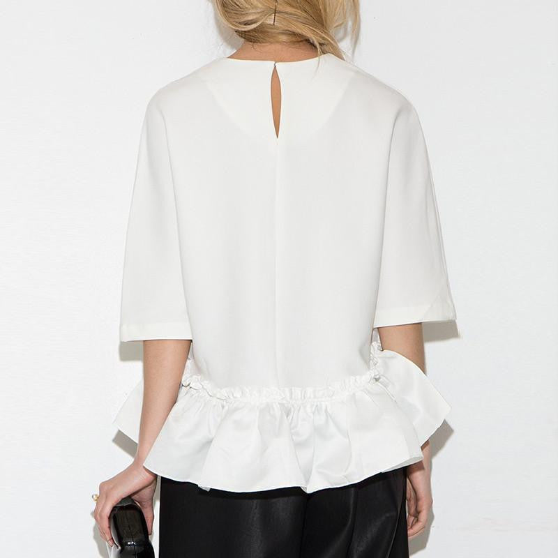 Women Elegant Ruffle Tee Shirt Asymmetric Top Draped Ladies Blouse
