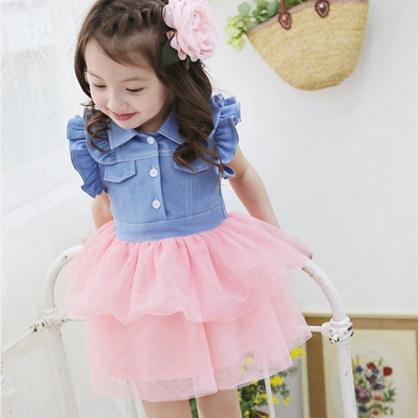 Online discount shop Australia - Cute Kids One Piece Dress Girls Ruffled Denim Gauze Tutu Clothes For 2-7Y 2 Colors