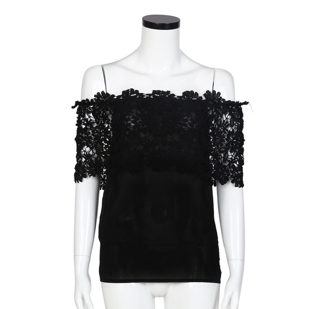 New Lace Shirt Women Off Shoulder Tops Short Sleeve Sexy Chiffon Blouse Plus Size S-3XL Black White - CelebritystyleFashion.com.au online clothing shop australia