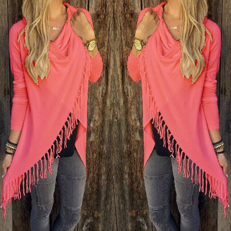Women Long Sleeve Blouse Tassel Slash Dress Blouses Fashion Tops Ladies Casual Shirts