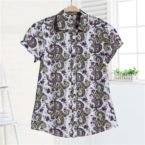 Women Blouses Short Sleeve Blouse Cotton Turn-down Shirt Women Tops Fashion Big Size