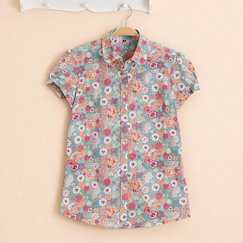 Women Blouses Short Sleeve Blouse Cotton Turn-down Shirt Women Tops Fashion Big Size