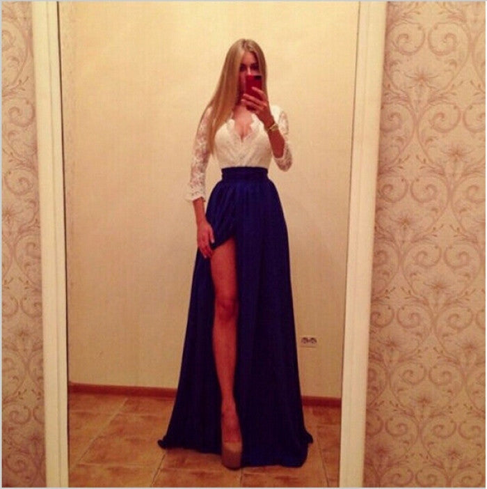 Lady Lace Bandage Party Clubwear Women Long Sleeve Maxi Long Side Slit Dress with bow belt